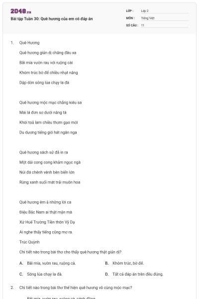 Bài tập Tuần 30: Quê hương của em có đáp án