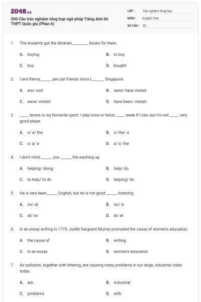 500 Câu trắc nghiệm tổng hợp ngữ pháp Tiếng Anh thi THPT Quốc gia (Phần 6)