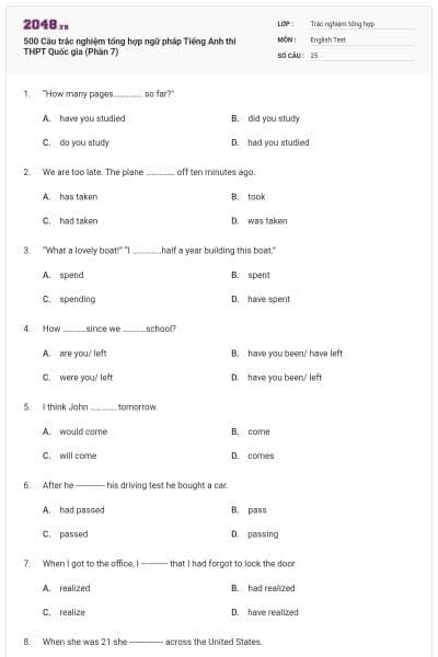 500 Câu trắc nghiệm tổng hợp ngữ pháp Tiếng Anh thi THPT Quốc gia (Phần 7)