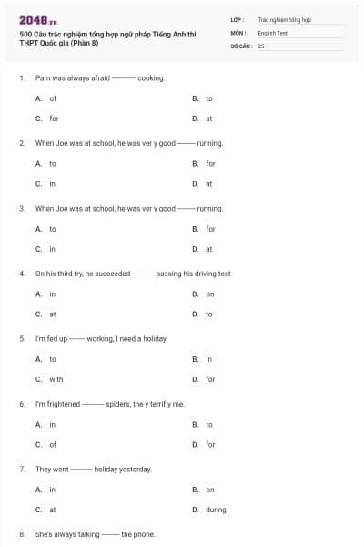 500 Câu trắc nghiệm tổng hợp ngữ pháp Tiếng Anh thi THPT Quốc gia (Phần 8)