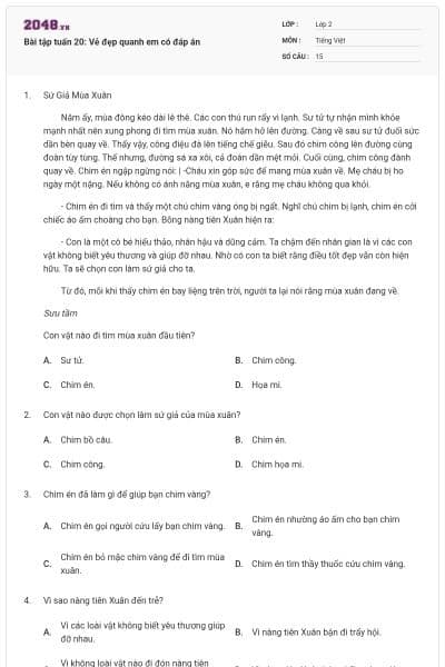 Bài tập tuấn 20: Vẻ đẹp quanh em có đáp án