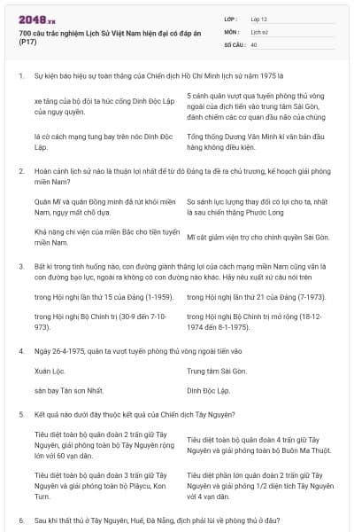 700 câu trắc nghiệm Lịch Sử Việt Nam hiện đại có đáp án (P17)