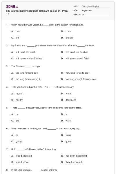 500 Câu trắc nghiệm ngữ pháp Tiếng Anh có đáp án - Phần 11