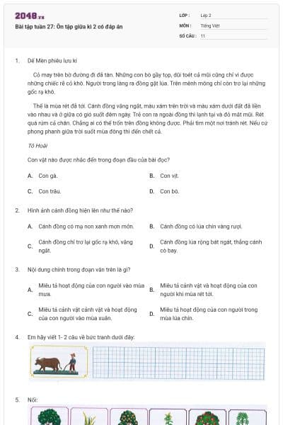 Bài tập tuần 27: Ôn tập giữa kì 2 có đáp án