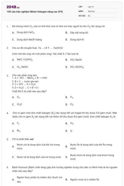 100 câu trắc nghiệm Nhóm Halogen nâng cao (P4)