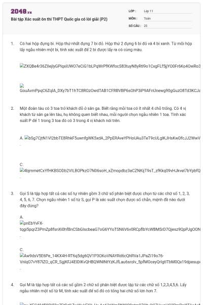 Bài tập Xác suất ôn thi THPT Quốc gia có lời giải (P2)