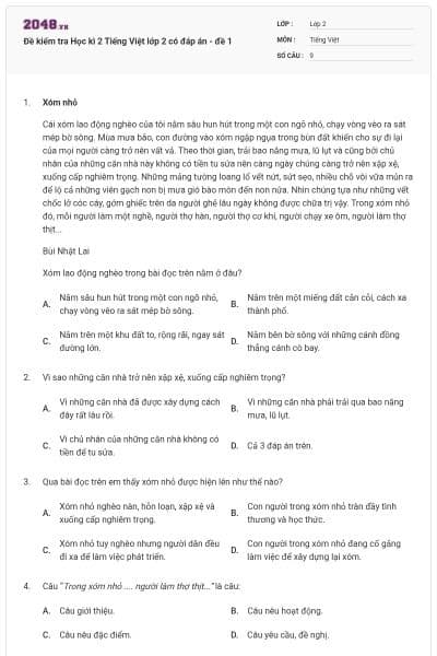 Đề kiểm tra Học kì 2 Tiếng Việt lớp 2 có đáp án - đề 1