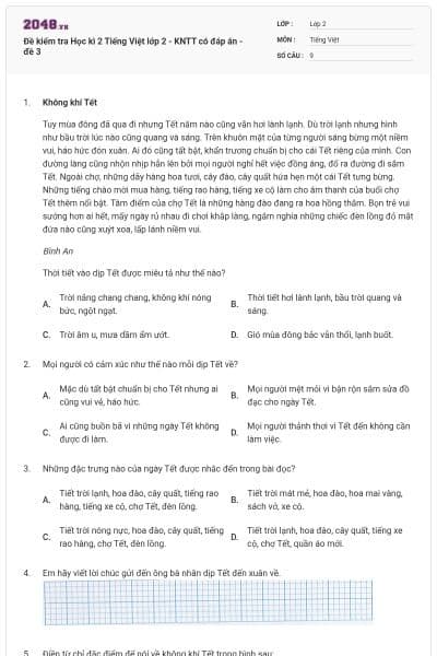 Đề kiểm tra Học kì 2 Tiếng Việt lớp 2 - KNTT có đáp án - đề 3