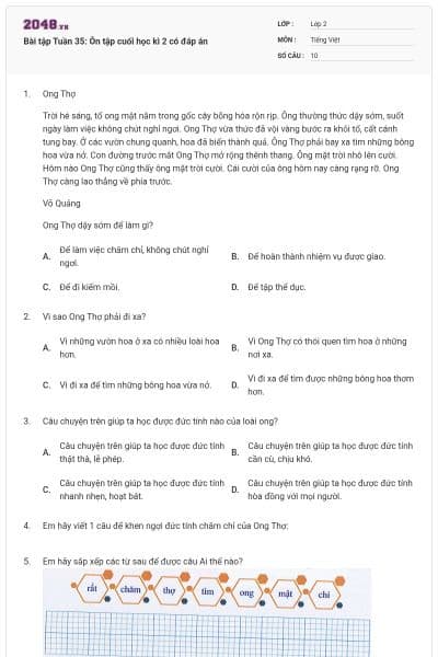 Bài tập Tuần 35: Ôn tập cuối học kì 2 có đáp án