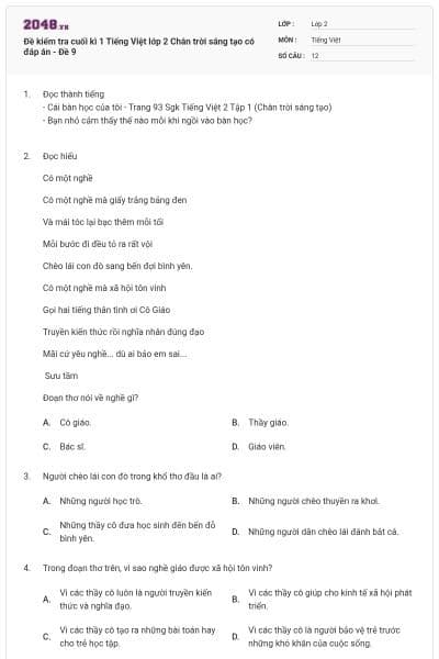 Đề kiểm tra cuối kì 1 Tiếng Việt lớp 2 Chân trời sáng tạo có đáp án - Đề 9