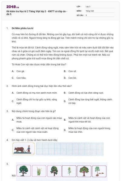 Đề kiểm tra Học kì 2 Tiếng Việt lớp 2 - KNTT có đáp án - đề 5