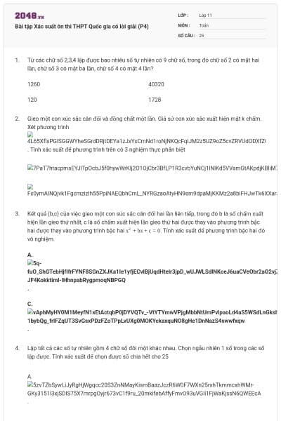 Bài tập Xác suất ôn thi THPT Quốc gia có lời giải (P4)