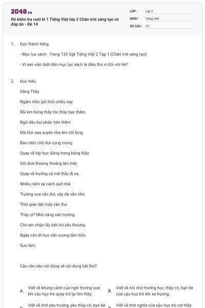 Đề kiểm tra cuối kì 1 Tiếng Việt lớp 2 Chân trời sáng tạo có đáp án - Đề 14