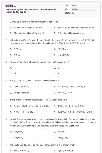 30 câu Trắc nghiệm chuyên đề Hóa 11 Kiểm tra một tiết chuyên đề II có đáp án