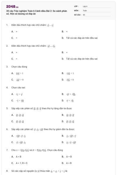 30 câu Trắc nghiệm Toán 6 Cánh diều Bài 2: So sánh phân số. Hỗn số dương có đáp án