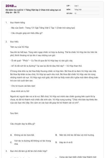 Đề kiểm tra cuối kì 1 Tiếng Việt lớp 2 Chân trời sáng tạo có đáp án - Đề 15