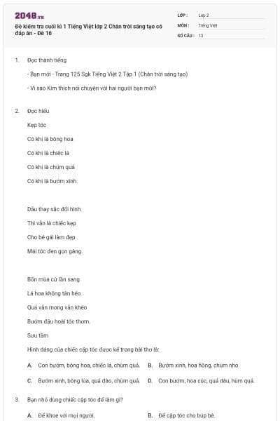 Đề kiểm tra cuối kì 1 Tiếng Việt lớp 2 Chân trời sáng tạo có đáp án - Đề 16