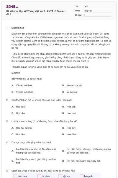 Đề kiểm tra Học kì 2 Tiếng Việt lớp 2 - KNTT có đáp án - đề 7