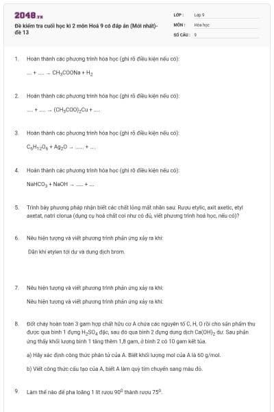 Đề kiểm tra cuối học kì 2 môn Hoá 9 có đáp án (Mới nhất)- đề 13
