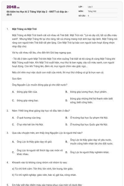 Đề kiểm tra Học kì 2 Tiếng Việt lớp 2 - KNTT có đáp án - đề 8
