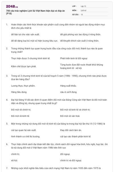 700 câu trắc nghiệm Lịch Sử Việt Nam hiện đại có đáp án (P18)