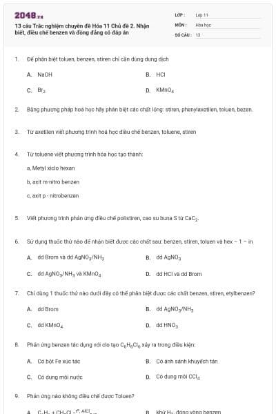 13 câu Trắc nghiệm chuyên đề Hóa 11 Chủ đề 2. Nhận biết, điều chế benzen và đồng đẳng có đáp án