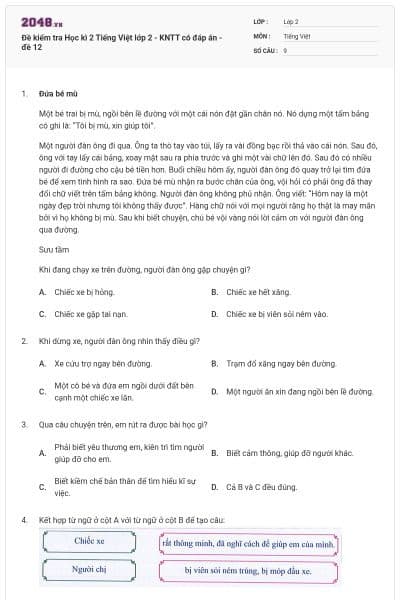 Đề kiểm tra Học kì 2 Tiếng Việt lớp 2 - KNTT có đáp án - đề 12