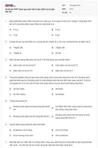 30 đề thi THPT Quốc gia môn Vật lí năm 2022 có lời giải (Đề 28)