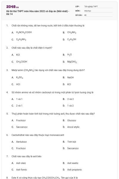 Đề thi thử THPT môn Hóa năm 2022 có đáp án (Mới nhất) - Đề 14