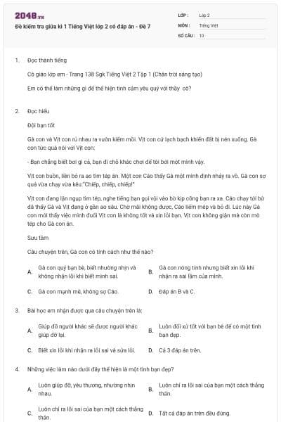Đề kiểm tra giữa kì 1 Tiếng Việt lớp 2 có đáp án - Đề 7