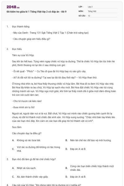 Đề kiểm tra giữa kì 1 Tiếng Việt lớp 2 có đáp án - Đề 9