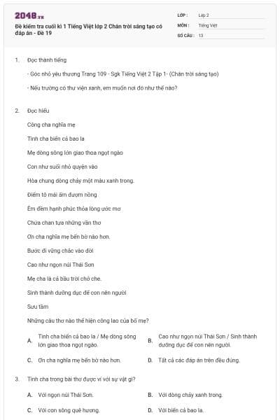Đề kiểm tra cuối kì 1 Tiếng Việt lớp 2 Chân trời sáng tạo có đáp án - Đề 19
