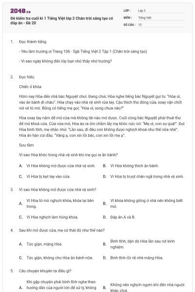 Đề kiểm tra cuối kì 1 Tiếng Việt lớp 2 Chân trời sáng tạo có đáp án - Đề 20