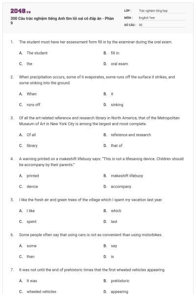 300 Câu trắc nghiệm tiếng Anh tìm lỗi sai có đáp án - Phần 9