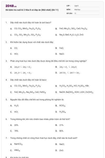 Đề kiểm tra cuối kì 2 Hóa 8 có đáp án (Mới nhất) (Đề 11)