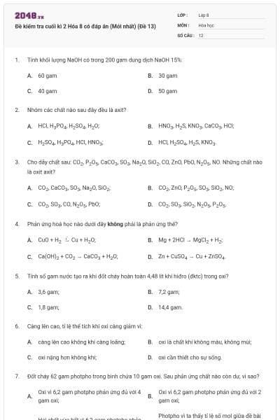 Đề kiểm tra cuối kì 2 Hóa 8 có đáp án (Mới nhất) (Đề 13)