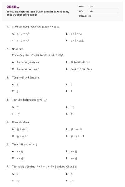 38 câu Trắc nghiệm Toán 6 Cánh diều Bài 3: Phép cộng, phép trừ phân số có đáp án