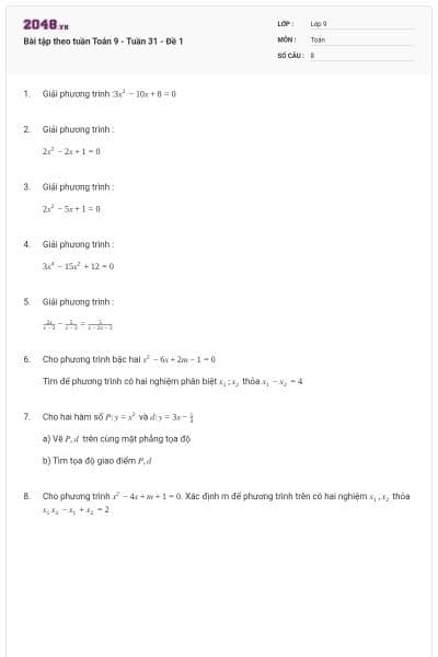 Bài tập theo tuần Toán 9 - Tuần 31 - Đề 1