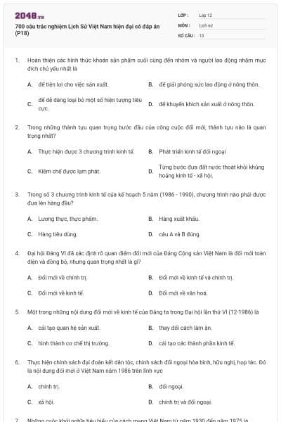 700 câu trắc nghiệm Lịch Sử Việt Nam hiện đại có đáp án (P18)