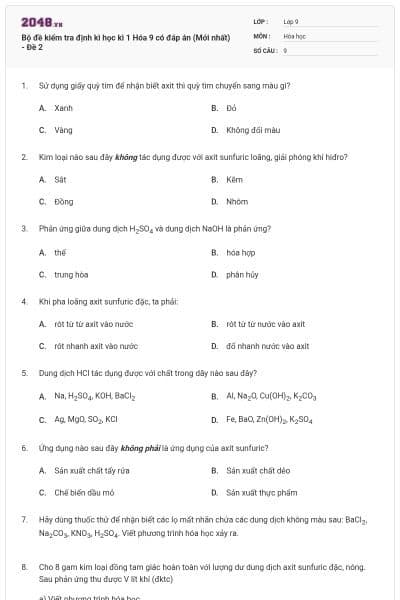 Bộ đề kiểm tra định kì học kì 1 Hóa 9 có đáp án (Mới nhất) - Đề 2