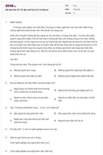 Bài tập tuần 35: Ôn tập cuối học kì 2 có đáp án