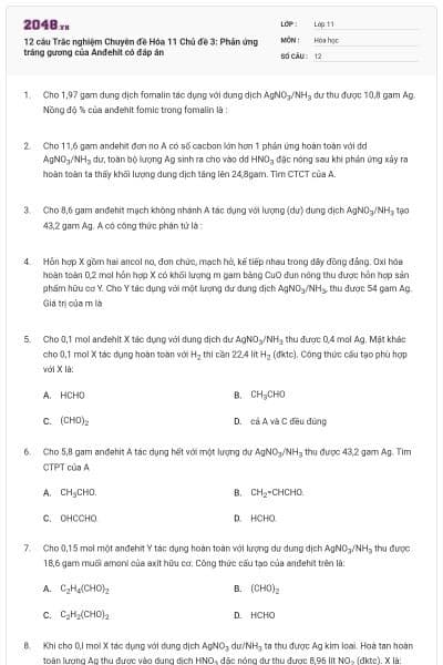 12 câu Trắc nghiệm Chuyên đề Hóa 11 Chủ đề 3: Phản ứng tráng gương của Anđehit có đáp án