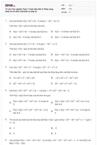 15 câu Trắc nghiệm Toán 7 Cánh diều Bài 3: Phép cộng, phép trừ đa thức một biến có đáp án