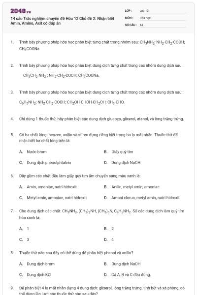 14 câu Trắc nghiệm chuyên đề Hóa 12 Chủ đề 2: Nhận biết Amin, Amino, Axit có đáp án