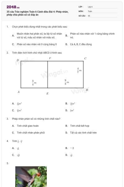 35 câu Trắc nghiệm Toán 6 Cánh diều Bài 4: Phép nhân, phép chia phân số có đáp án