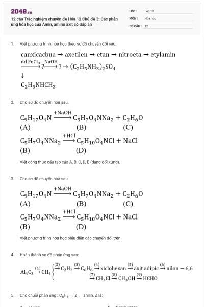 12 câu Trắc nghiệm chuyên đề Hóa 12 Chủ đề 3: Các phản ứng hóa học của Amin, amino axit có đáp án