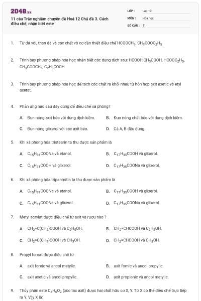 11 câu Trắc nghiệm chuyên đề Hoá 12 Chủ đề 3. Cách điều chế, nhận biết este