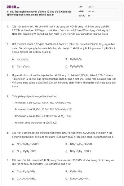 11 câu Trắc nghiệm chuyên đề Hóa 12 Chủ đề 5: Cách xác định công thức Amin, amino axit có đáp án