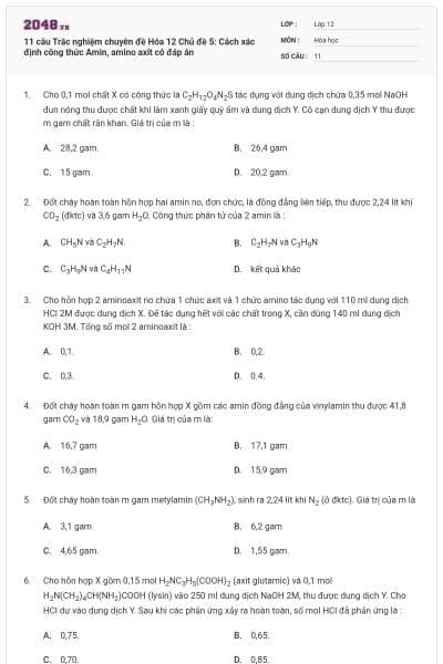 11 câu Trắc nghiệm chuyên đề Hóa 12 Chủ đề 5: Cách xác định công thức Amin, amino axit có đáp án