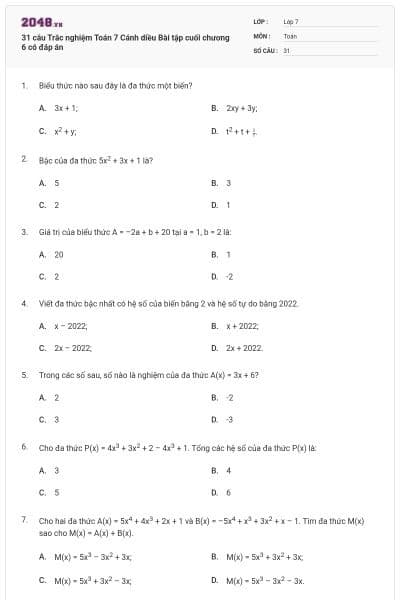 31 câu Trắc nghiệm Toán 7 Cánh diều Bài tập cuối chương 6 có đáp án